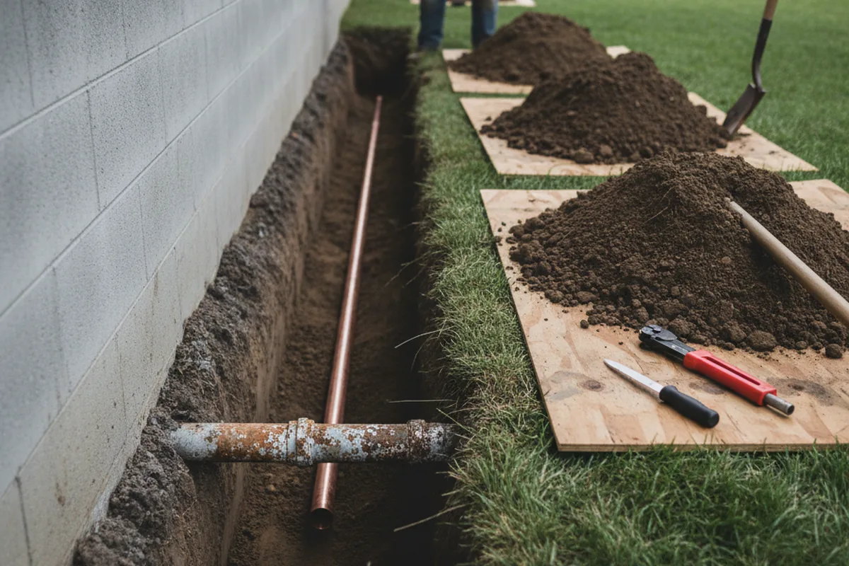 Excavated water line trench during Water Heater Repair in Maryville
